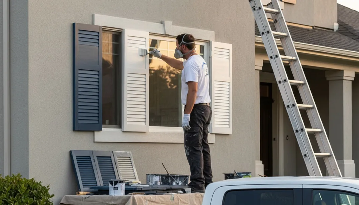 Professional painters refinishing home shutters in Cape Coral FL with durable coastal paint finish