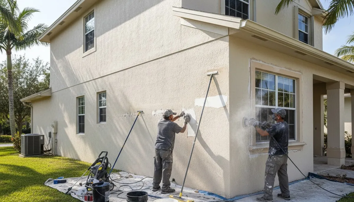 Painter sanding exterior wall for new coating during surface prep in Cape Coral, FL